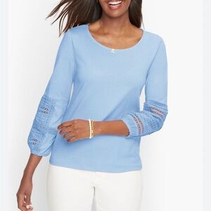 TALBOTS Pleat and Lace 3/4 Balloon SLV Lt. Blue Scoop Neck Cotton Blouse SZ LP